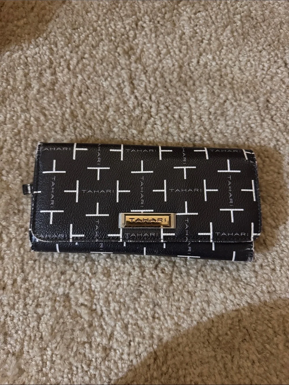 Tahari Black and White Logo Print Wallet with Gold Plaque